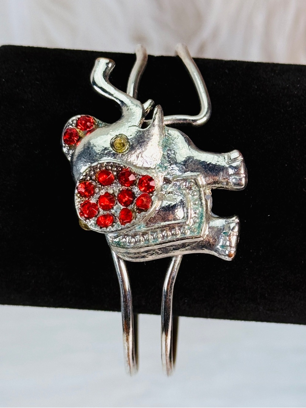 Silvertone Elephant Hinged Bangle Bracelet with Red Accents